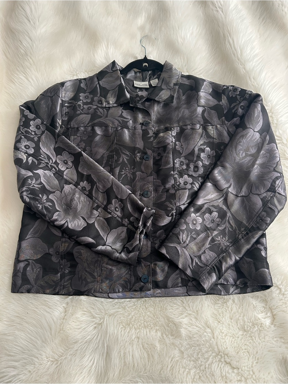 Chico's silk blend Metallic Floral-Print Button Front Jacket in Silver and Black - Picture 2 of 7